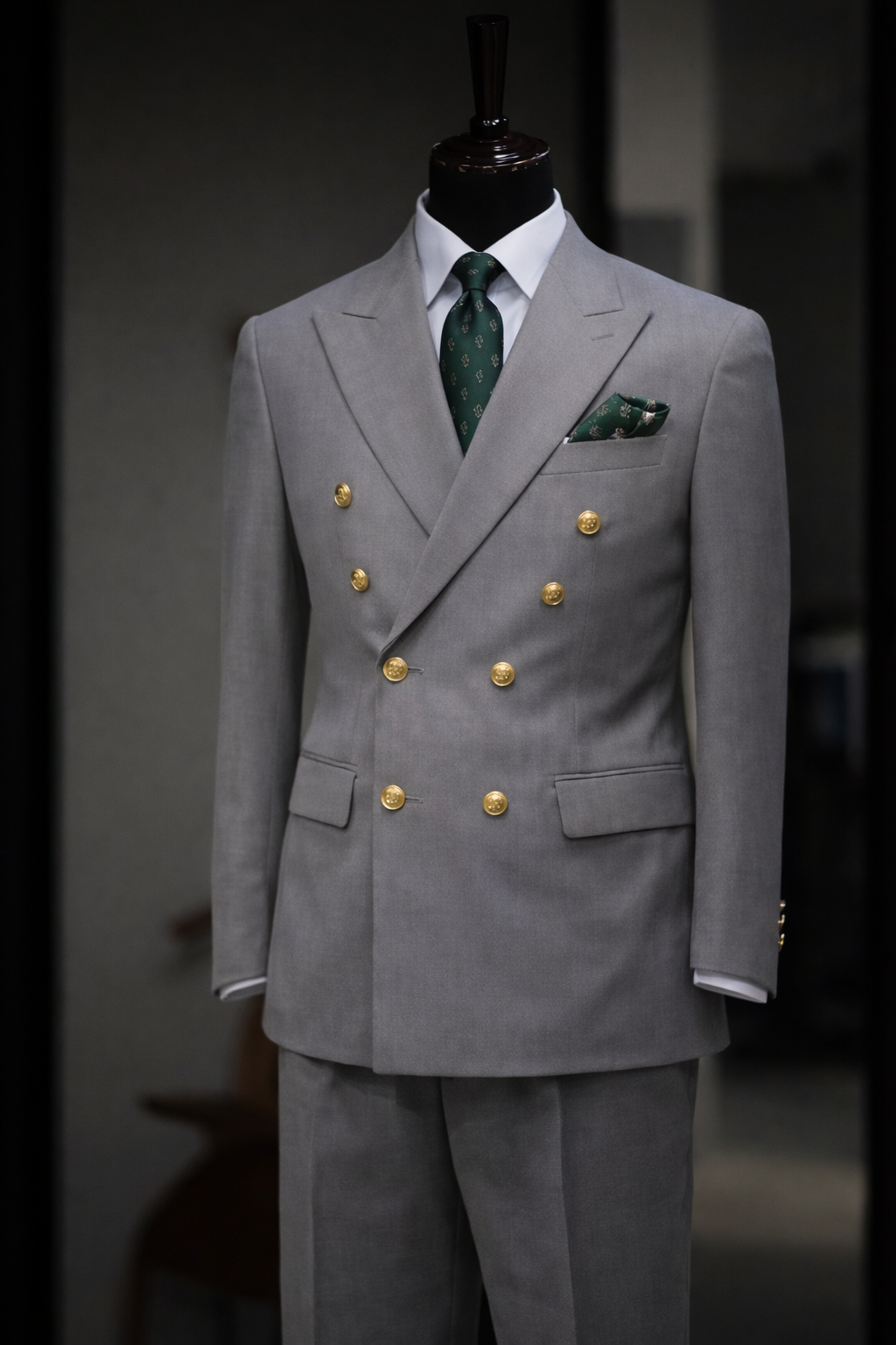 Fato masculino cinza duplo elegante – botões cruzados luxo